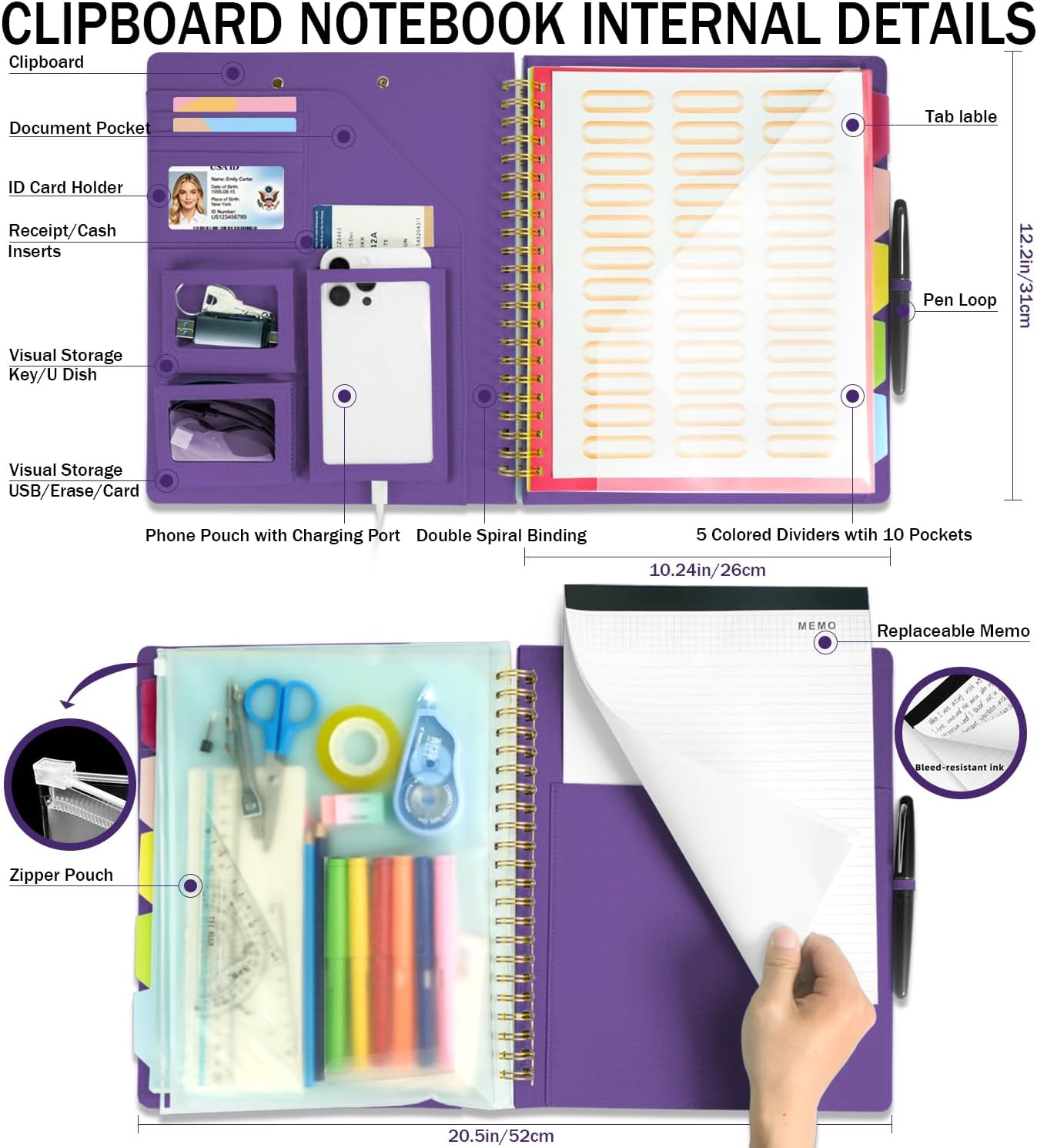 Purple Foldable Spiral Clipboard Folio with Storage Zipper Pouch, 5 Plastic Folders with Pockets,Refillable Lined Notepad (8.5" x 11"), Hardcover Project Organizer with 36 Stickers
