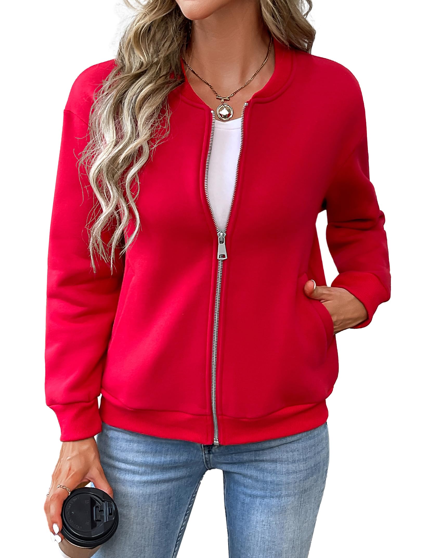 Women's Zip Up Sweatshirts Jackets Long Sleeve Bomber Jacket Casual Outwear with Pocket