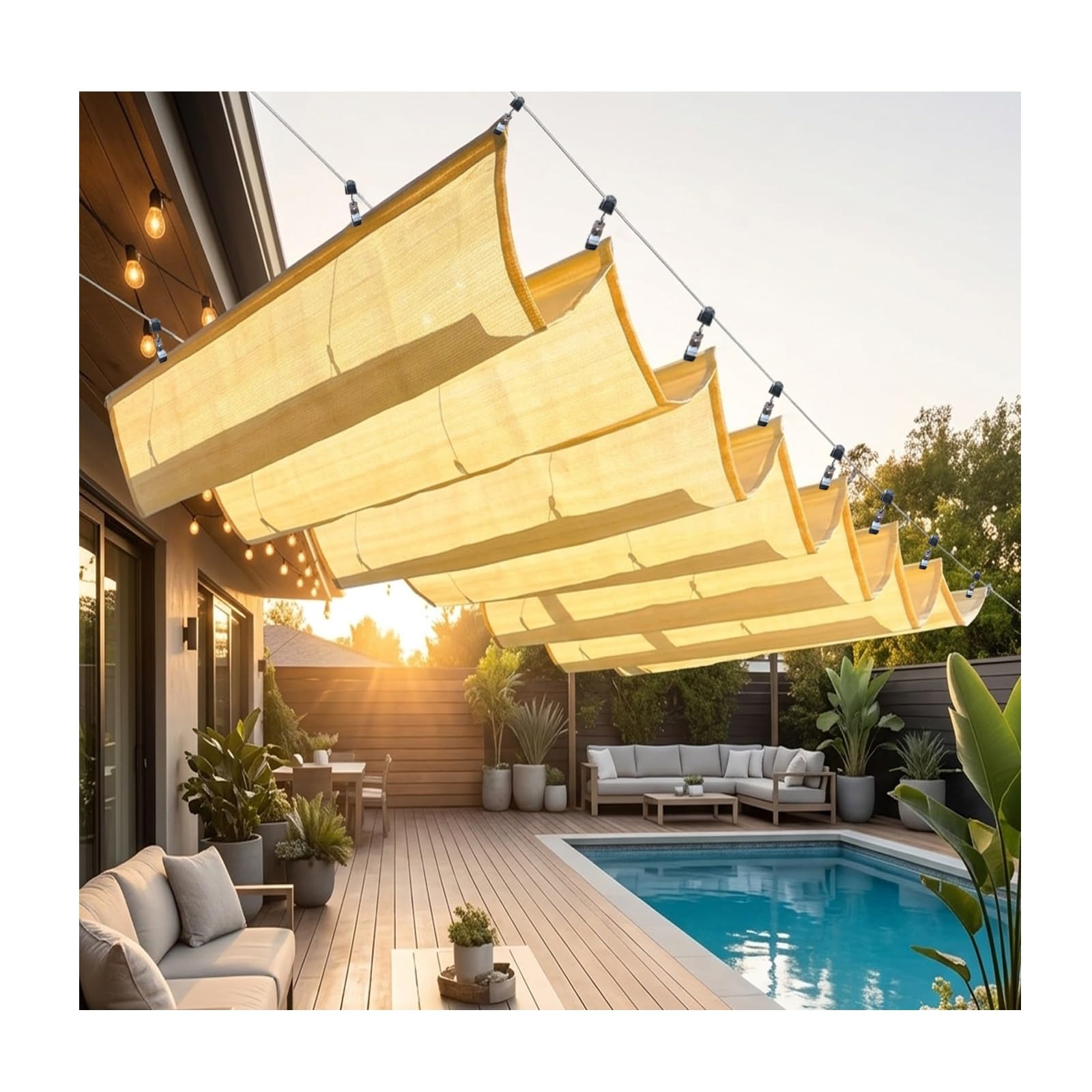 Bâche en maille d'auvent télescopique contre la chaleur du soleil sur le patio