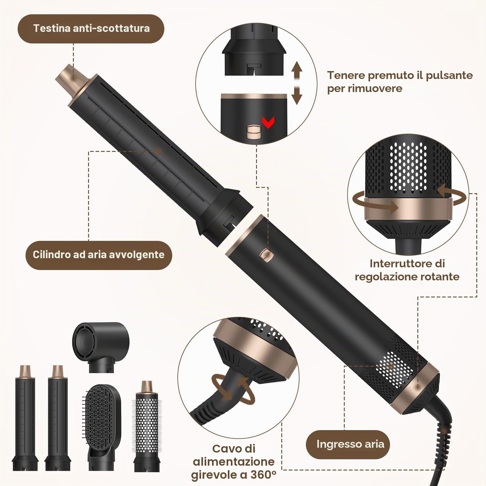 Spazzola Asciugacapelli, 5 in1 Air Styler & Spazzola ad Aria Calda, Capelli con 3 Temperature&3 Velocità, Spazzola per Capelli per Asciugare, Volumizzare, Lisciare