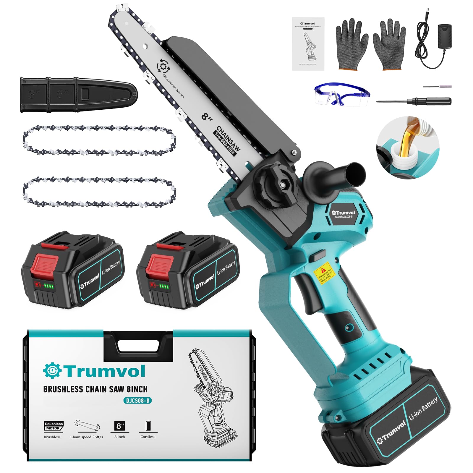 Mini Kettensäge mit 2 Akku,Bürstenloser Motor,8000mAh/21V Kleine Kettensäge Elektrisch,1200W Einhand Kettensäge,8“ Astsäge Akku Motorsäge,Baumsäge Elektrisch für Gartenscheren Holzschneidenz DIY