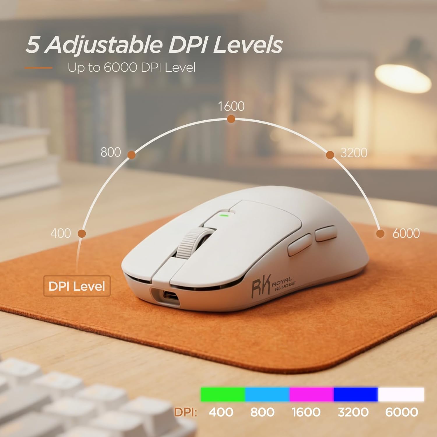 RK ROYAL KLUDGE RK MO3 Wireless Gaming Mouse, 48g Lightweight Computer Mouse, Bluetooth/2.4G/Wired Rechargeable PC Game Mice with Programmable Buttons and Silent Clicks, 6000 DPI for Laptop/Mac, White