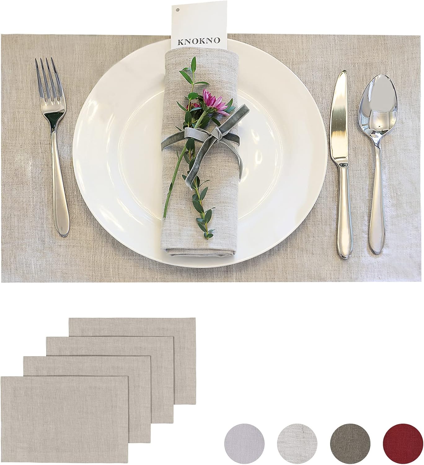 KNOKNO Home Pure Hemp Placemats 18 x 12 Inch Set of 4 Handcrafted with Mitered Corners Natural Fabric,Machine Washable Table Mats for Dining Tables (Natural, Placemats | Set of 4)