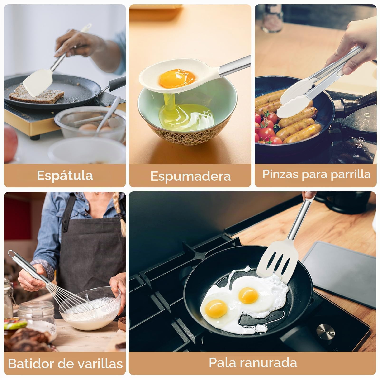 Homikit Juego de utensilios de cocina de silicona, 10 piezas con mango de acero inoxidable, antiadherente, con soporte para utensilios, color blanco