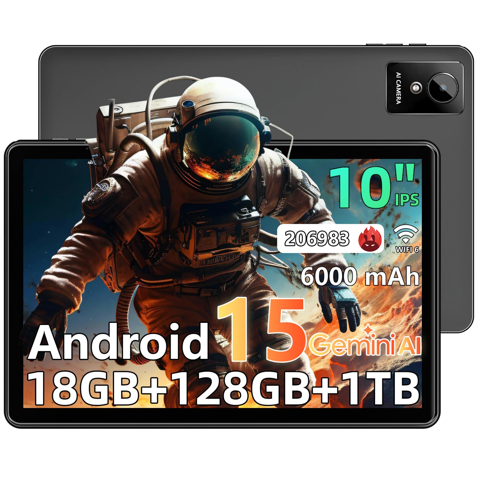 Tablette 10 Pouces, Tablette Android 15 avec Gemini AI, 18 GO RAM + 128 GO ROM + 1TO TF, Octa-Core, Écran Tactile IPS HD 1280x800, 6000 mAh, Widevine L1, WiFi 6 & BT 5.0, Caméra 5MP + 8MP(Noir)