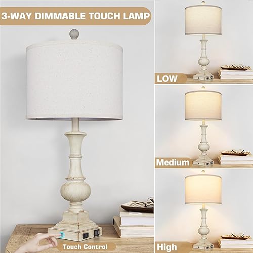 Miniatura 5 de 26" Farmhouse Table Lamps Set of 2, Rustic Touch Control Bedside Lamps with 2 USB Ports & AC Outlet, Vintage White Resin 3-Way Dimmable Nightstand