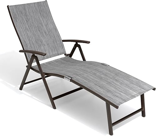 Miniatura 8 de Crestlive Products Tumbona plegable para patio exterior, silla reclinable ajustable de aluminio para piscina al aire libre, marco marrón, 8