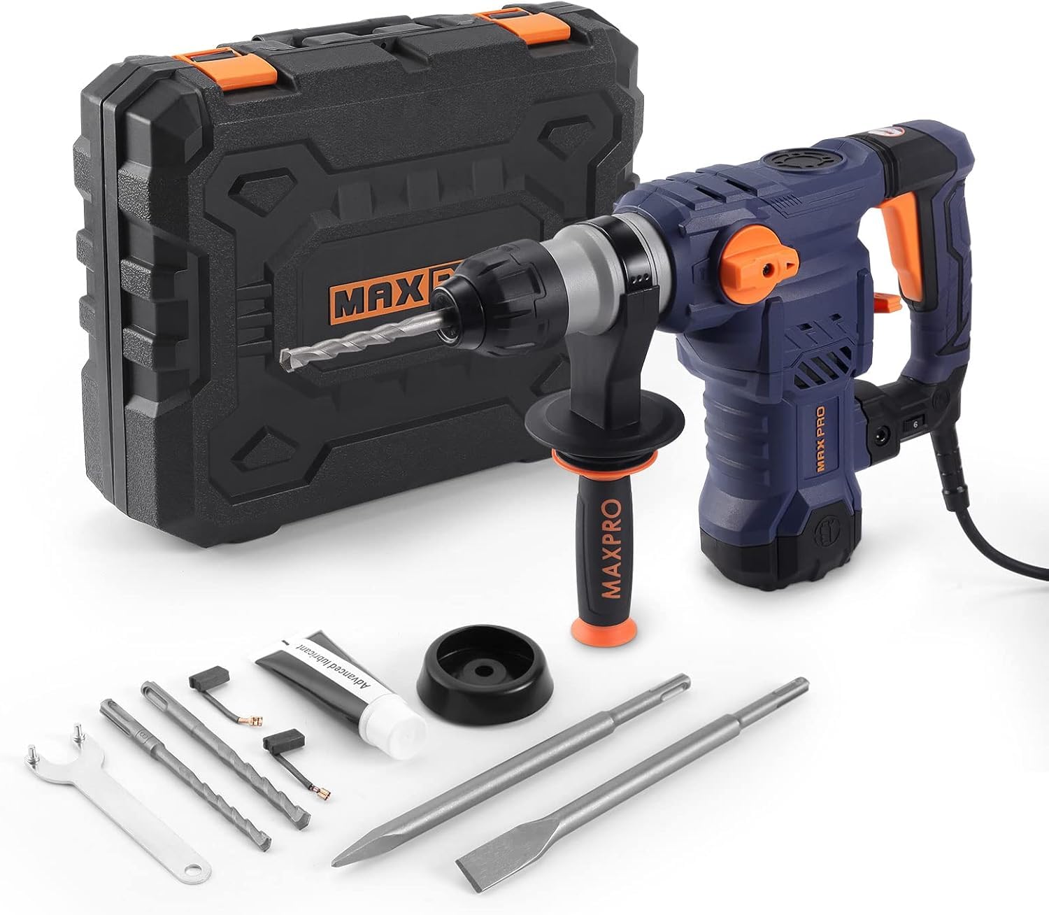 MAXPRO Marteau Perforateur Électrique SDS-Plus 1500W Perforateur Burineur 5.5J, 6 Vitesses, 3 Fonctions, Technologie Anti-vibration Capacité de Perçage: Béton (32MM), Métal (13MM), Bois (42MM)