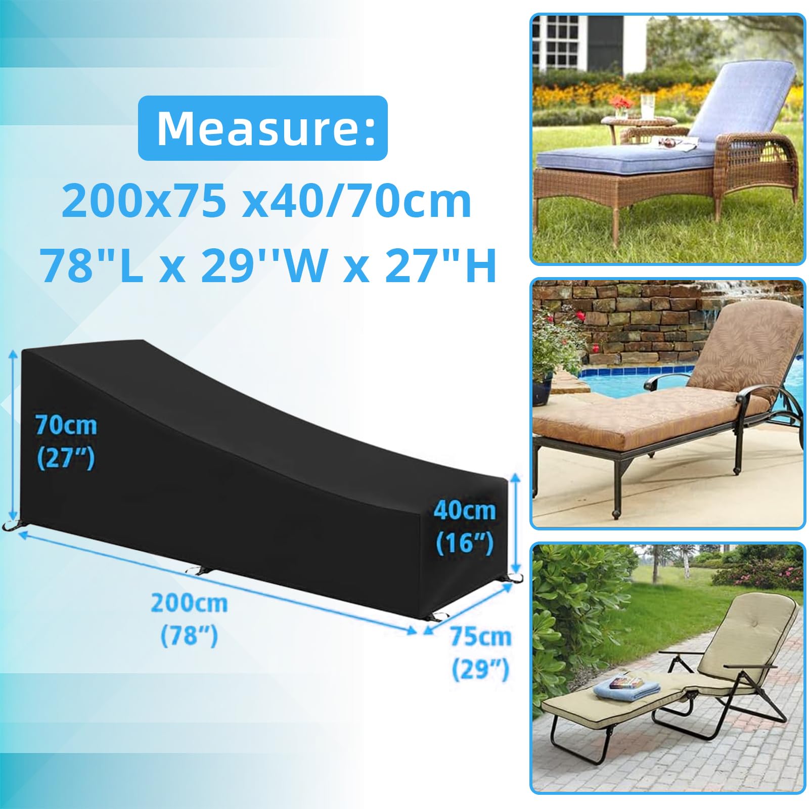GARPROVM Housse de chaise longue de jardin, housse de protection pour chaise longue 200x75x40/70cm, tissu Oxford 420D imperméable anti-poussière, bâche pour chaise longue résistante aux intempéries