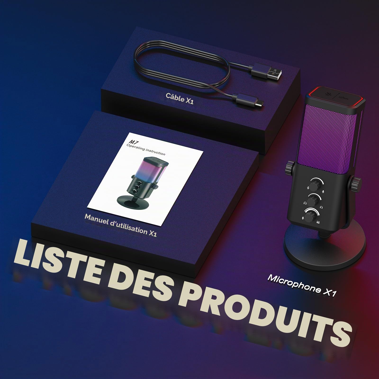 XTUGA M7 Microphone Dynamique pour Streaming Gaming avec éclairage RGB, Microphone à condensateur pour Ordinateur avec réduction du Bruit et Surveillance en Temps réel pour Podcast