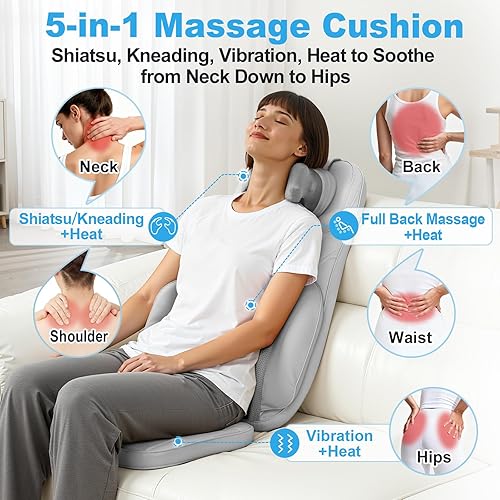 Miniatura 2 de Shiatsu Masajeador de espalda y cuello con calor, cojín de masaje de cuerpo completo 4D con vibración, diseño de doble cuello, intensidad ajustable,