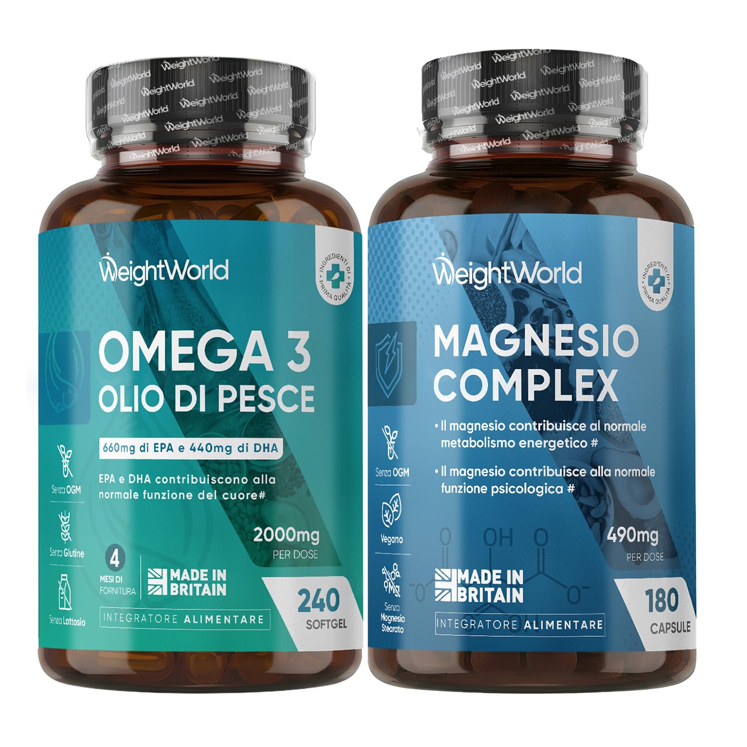 Omega 3 Olio di Pesce e Magnesio Completo Bundle, 240 Softgel + 180 Capsule, Omega 3 2000mg con 660mg di EPA, 440mg di DHA, Magnesium Complex 490mg per Dose, 4 in 1 con Bisglicinato, Citrato, Taurato