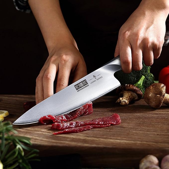 Crafted from Japanese 10Cr15CoMoV high carbon stainless steel, each knife in the set boasts exceptional durability, strength, and sharpness. With a 58±2 Rockwell hardness, these blades resist corrosion and maintain high performance even after extensive use. The super sharp edges are achieved through a meticulous process of high-temperature vacuum treatment and low-temperature cold nitrogen treatment, followed by careful hand polishing at 15 degrees per side. This meticulous craftsmanship ensures remarkable sharpness and edge retention, allowing you to perform cutting tasks effortlessly and with precision.