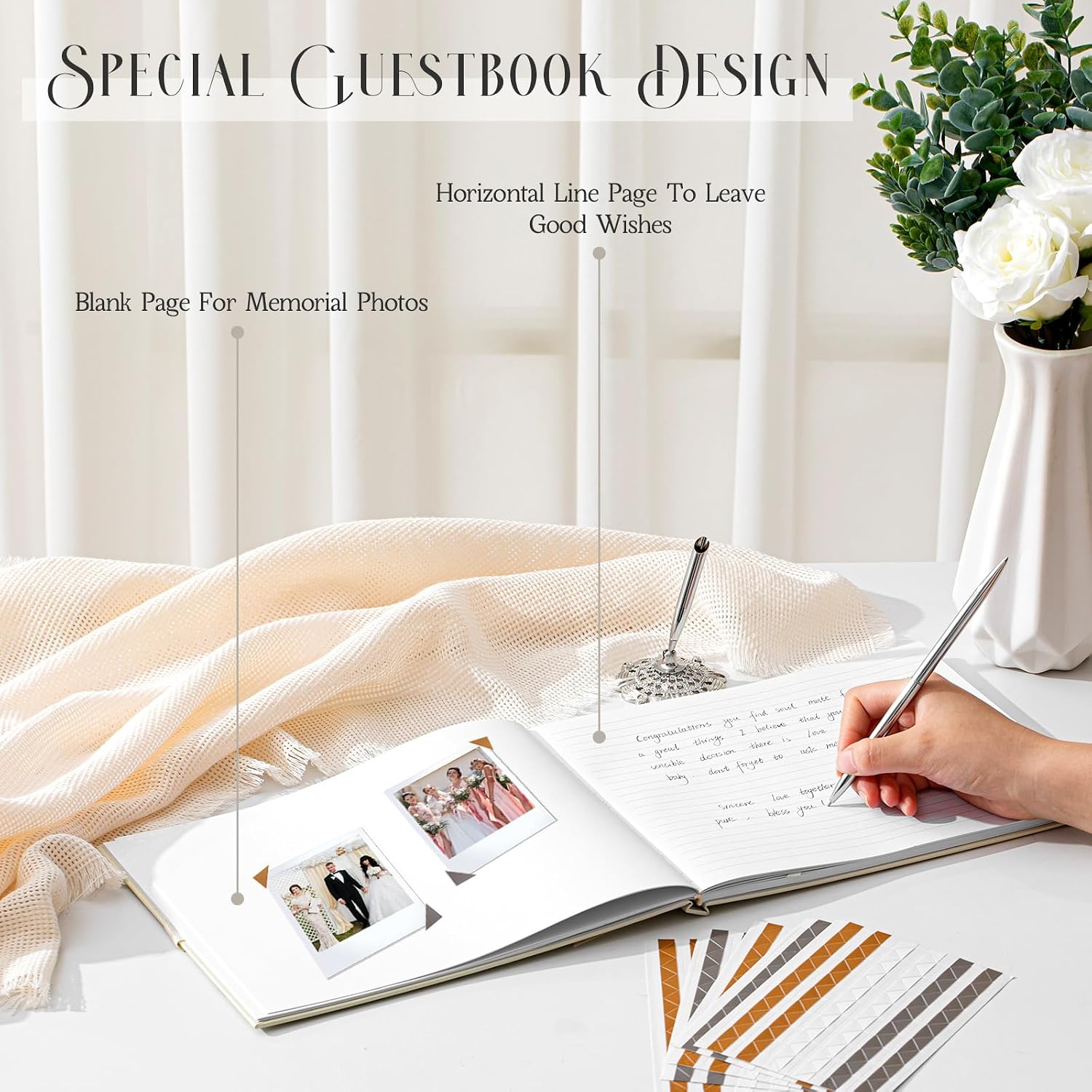 Affrolling Wedding Guest Book Set, Memory Photo Guest Book,Ivory | Guest Books to Sign at Reception Party, with Pen, Acrylic Table Sign, Photo Corners Stickers for Bridal Baby Shower, Funeral