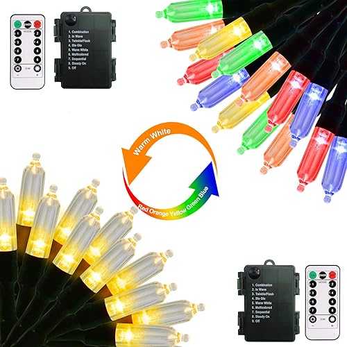 ZAIYW Paquete de 2 luces de Navidad que cambian de color, 23 pies, 70 luces LED alimentadas por batería, con control remoto, luces blancas cálidas