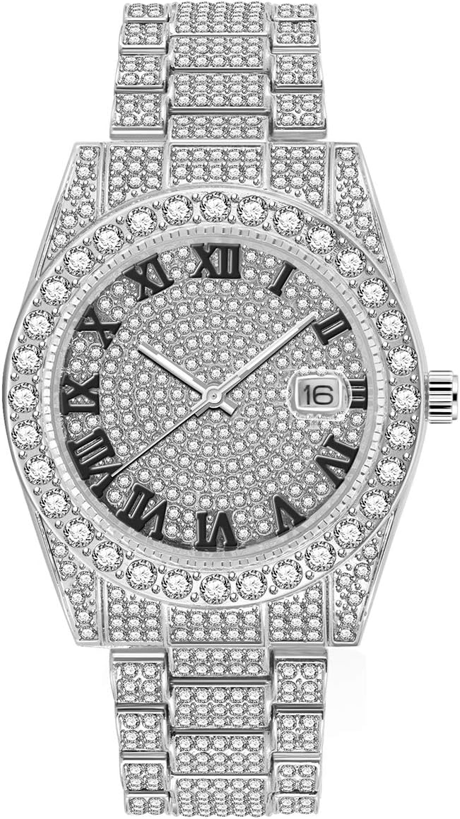 VAVCMen's Iced Out Watch.Men's Fashion Luxury Full Bling Iced-Out Diamond Crystal Quartz Wrist Watch