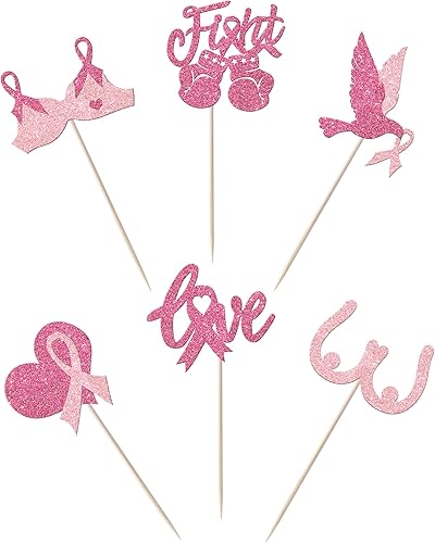 Miniatura 3 de Paquete de 24 adornos para cupcakes con purpurina para concientización sobre el cáncer de mama, cinta rosa con purpurina, para lucha contra el