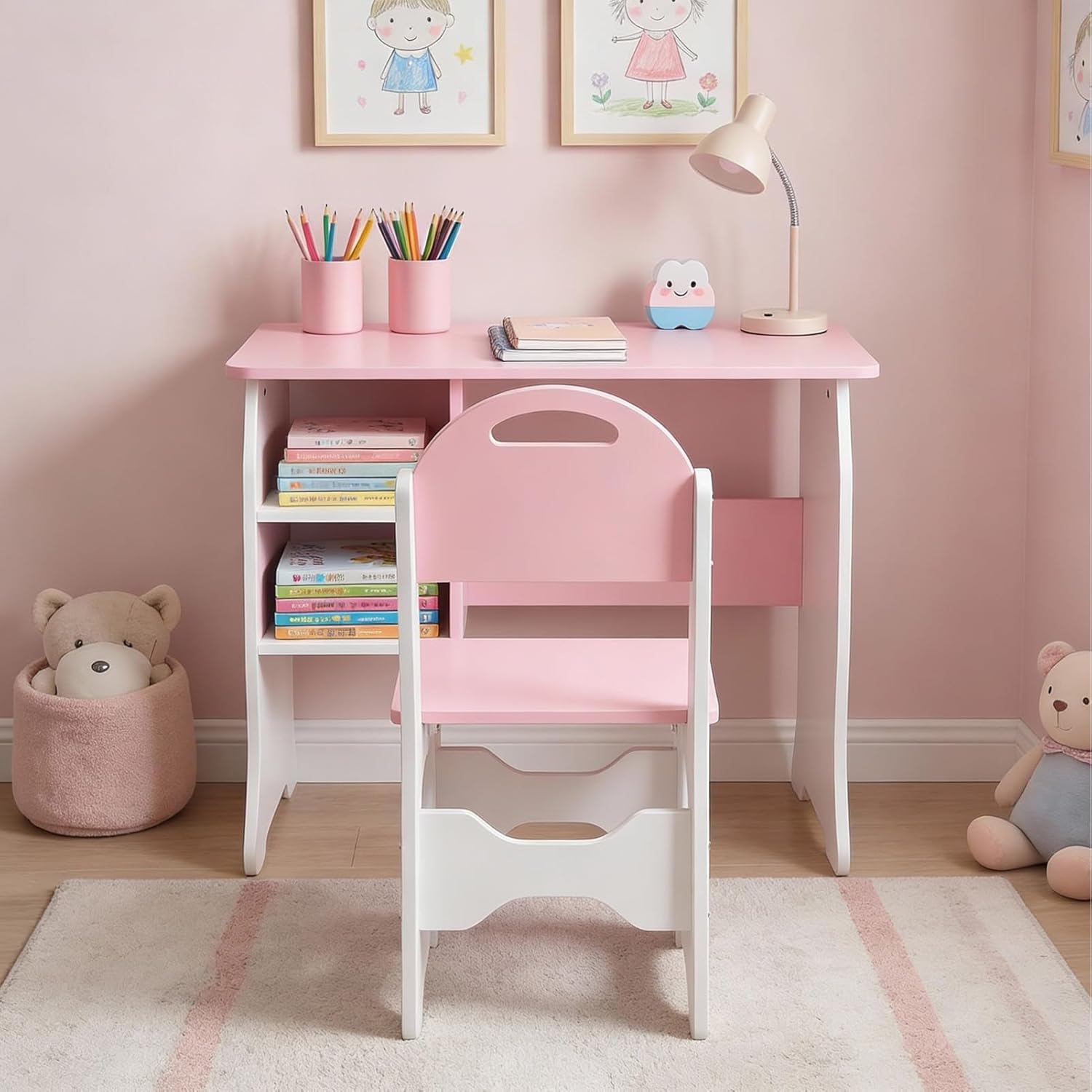 Brrnoo Kids Table and Chair Set, Wooden Study Desk with Built in Shelf and Heart Shaped Cutouts, White and Pink Cat Design, for Home Classroom Playroom (Pink and White)