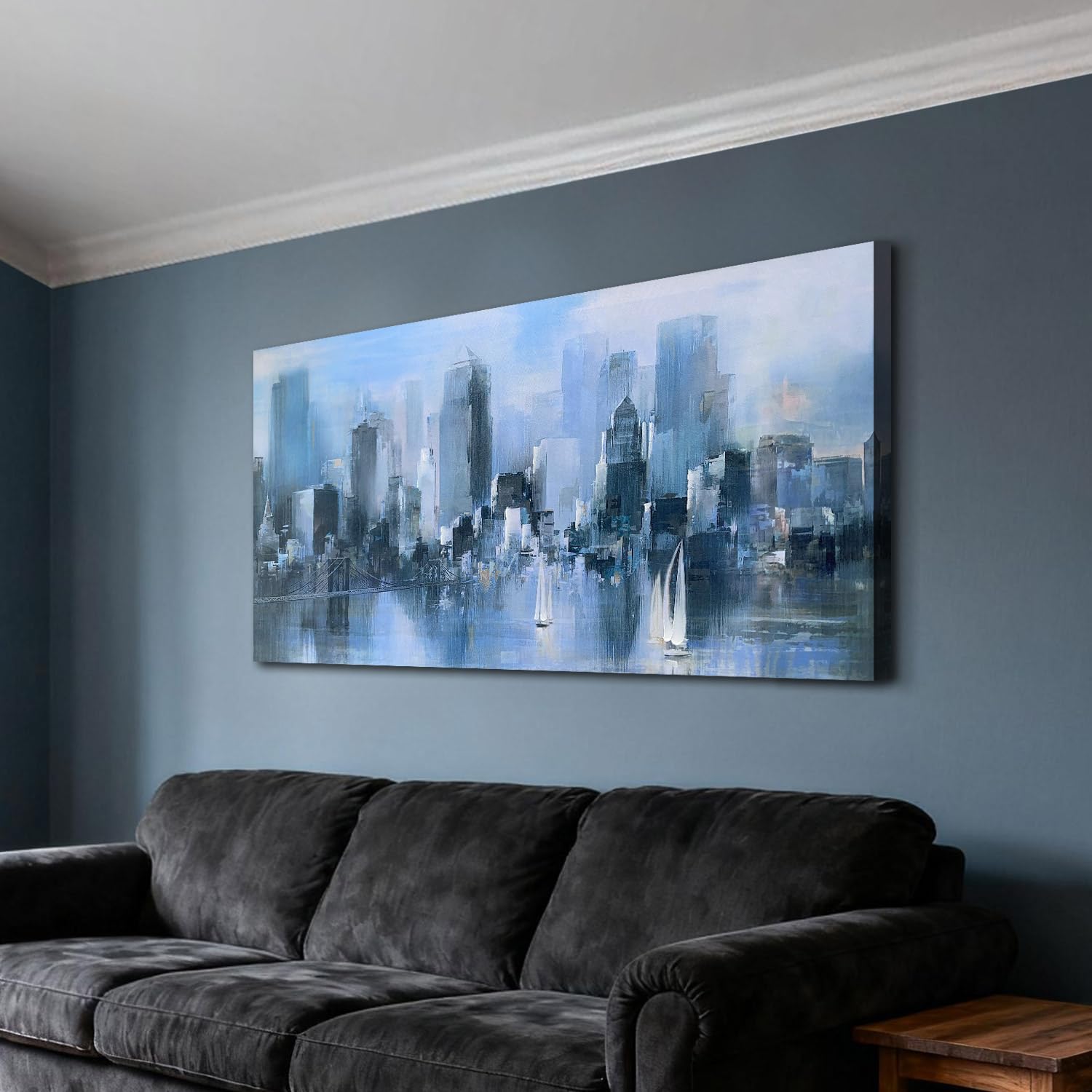 Acocifi Blue Canvas Wall Art Abstract Cityscape Picture Textured Painting, New York Brooklyn Bridge Modern Picture Artwork Large Framed for Living Room Bedroom Bathroom Office Home Decor 40"x20"