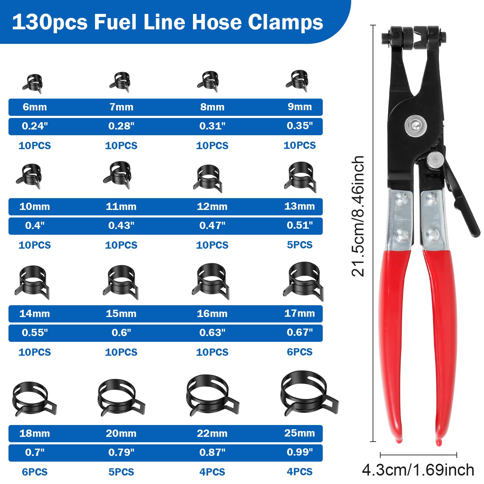 130 Stück Schlauch Federklemmen Set - 16 Größen 6-25mm Edelstahl Mit Zange