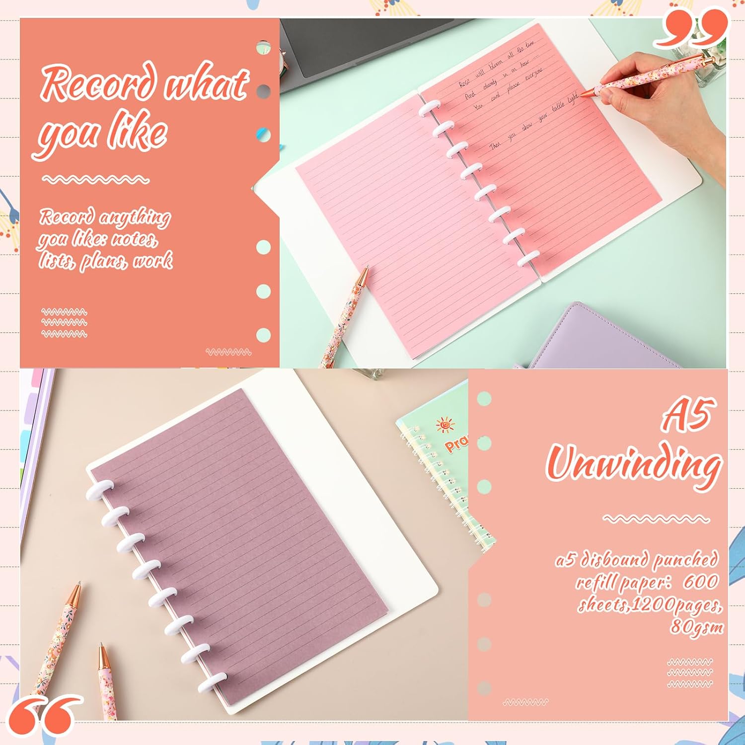 PerKoop 12 Pack 600 Sheets Half-letter Size Discbound Lined Planner Refill 5.5'' x 8.5'' College Ruled Size A5 8 Disc Notebooks 12 Colors Disc Notebooks Refill for Journaling(Dreaming Color)