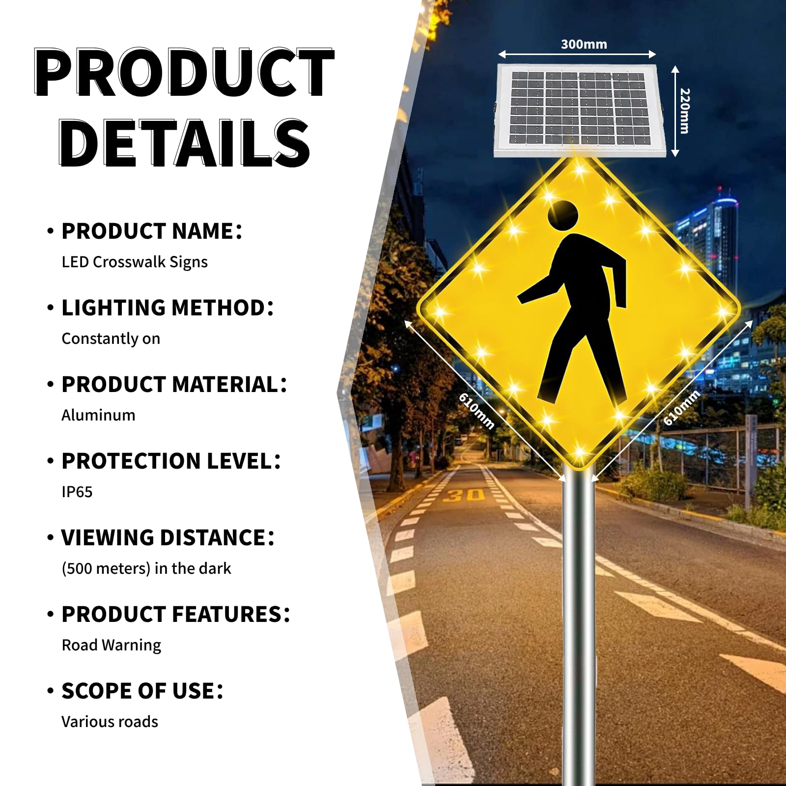 ZHENYUWANG Señal de Paso de peatones de 24 Pulgadas alimentada por energía Solar, señal de tráfico Intermitente LED para Paso de peatones, clasificación de protección IP65 24in