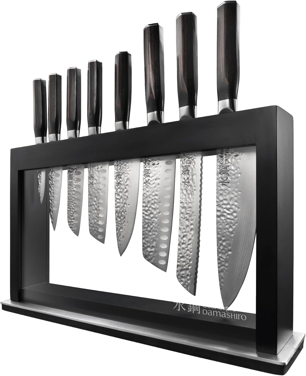 Cuisine::pro Damashiro Emperor Knife Block (Hisa, 9 Piece Set) Premium Japanese Steel Chef Knife Set with Tempered Glass Display, Hammered Tsuchime Blade, Damascus-Inspired Pattern