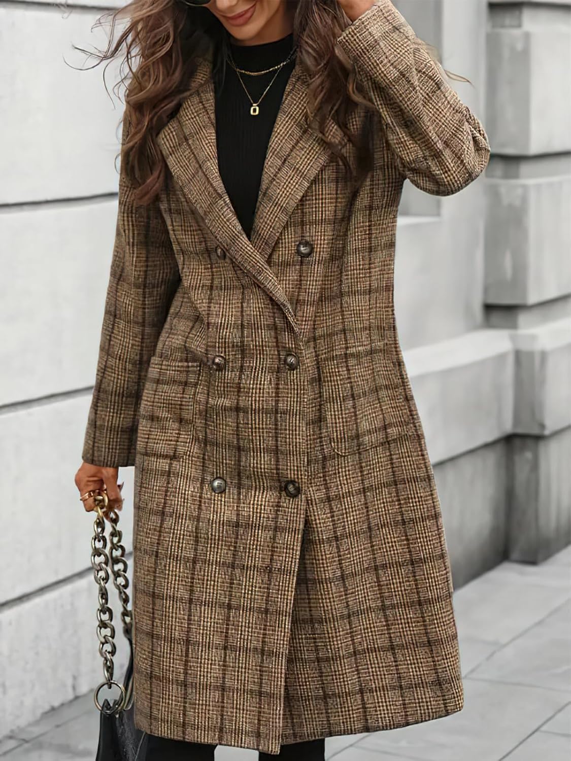 Women's Plaid Wool Blend Pea Coat Classic Notch Collar Double Breasted Long Trench Coat Overcoat Winter Outwear