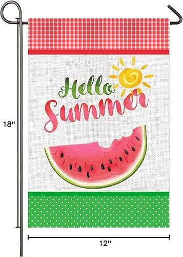 Miniatura 10 de Bandera de jardín de verano de 12 x 18 pulgadas, bandera de jardín de sandía de doble cara, bandera de arpillera a cuadros, banderas de verano para