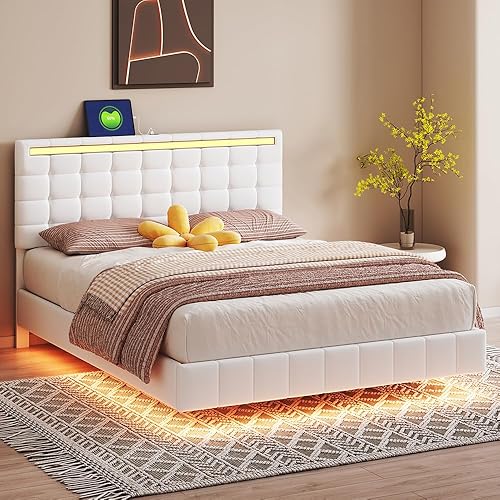 Miniatura 16 de Elegante marco de cama flotante de tamaño Queen con cabecera LED ambiental y puertos USB integrados, base de colchón tapizada contemporánea para