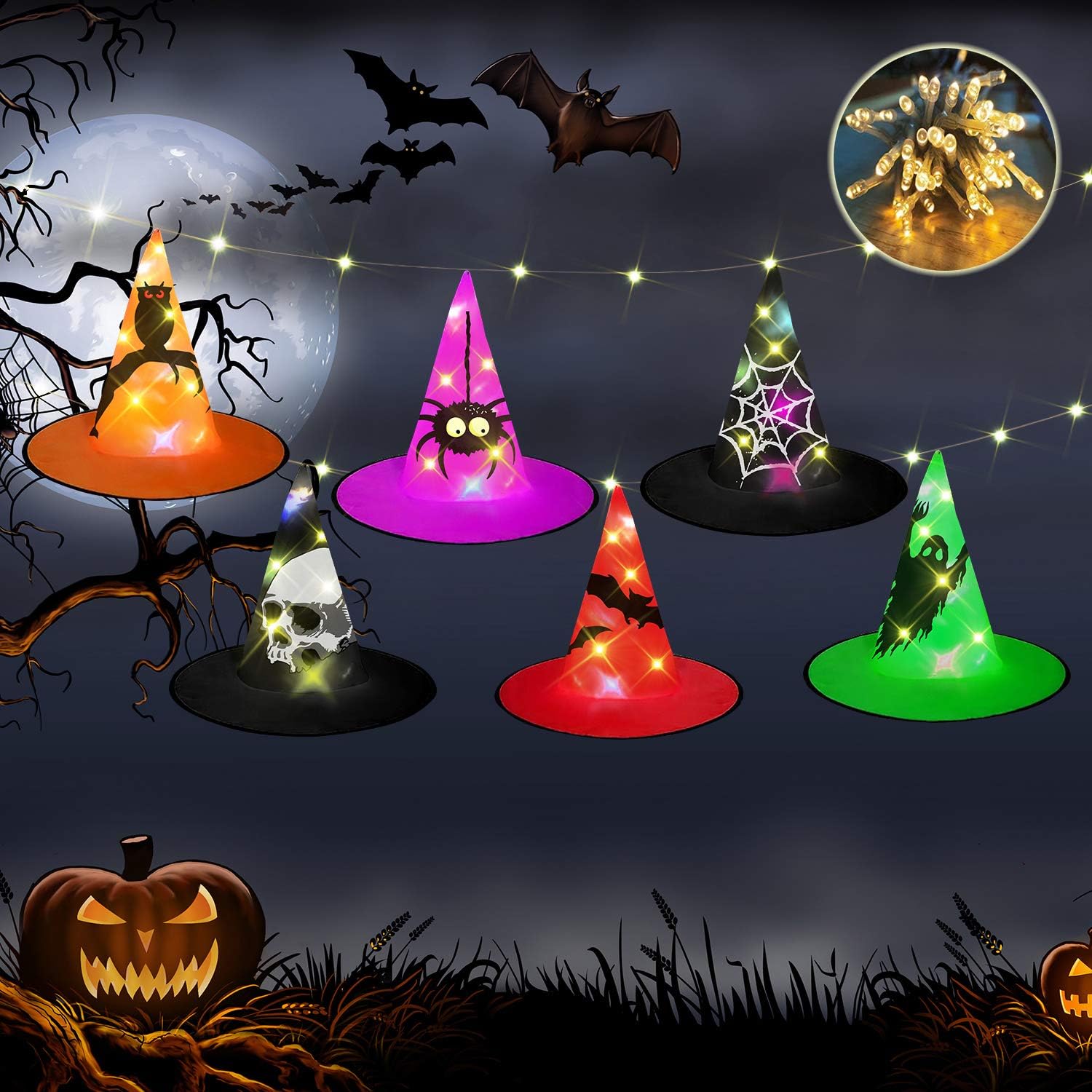 HIGBRE Halloween Decorations Witch Hats, 6Pcs Hanging Lighted Witch Hat Outdoor Halloween Decor for Tree, Porch, Yard