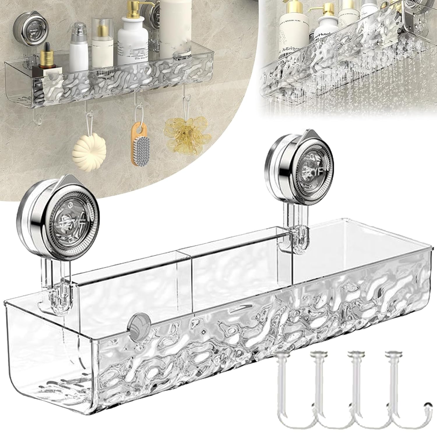 Corrugated Suction Cup Storage Holder No-Drill Nest Grip Shelf for Bathroom Clear Acrylic Shower Caddy Large Capacity Organizer