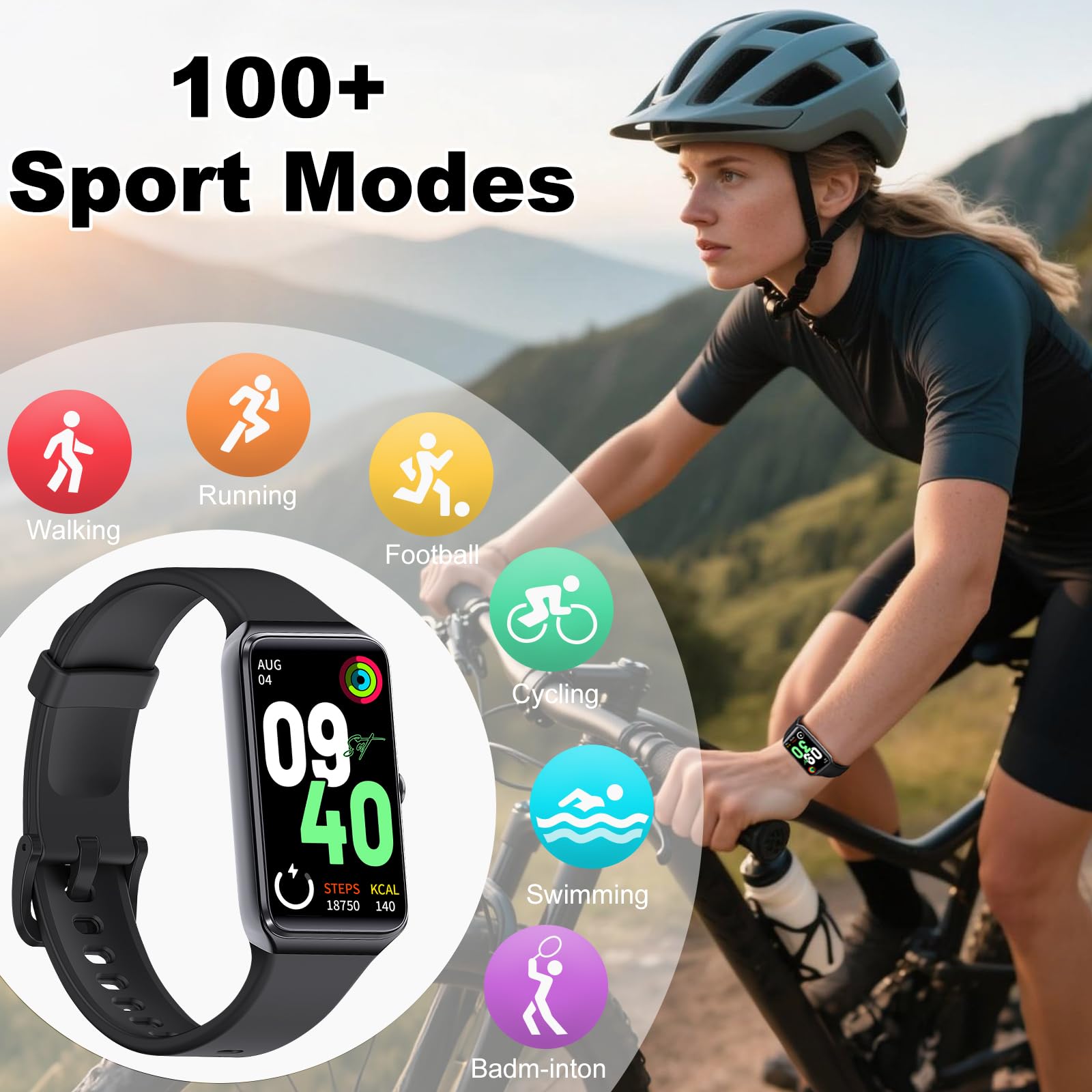 Monitor de actividad física con frecuencia cardíaca 24/7, 104 modos deportivos, monitor de sueño, presión arterial de oxígeno en sangre, IP68, resistente al agua, contador de calorías, podómetro