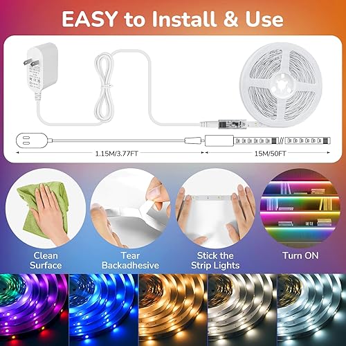 Miniatura 3 de Tira de luces LED RGBWW+IC de 50 pies, regulable, multicolor, 3000K-6500K luces LED con control remoto, cinta de luces RGB autoadhesivas que cambian