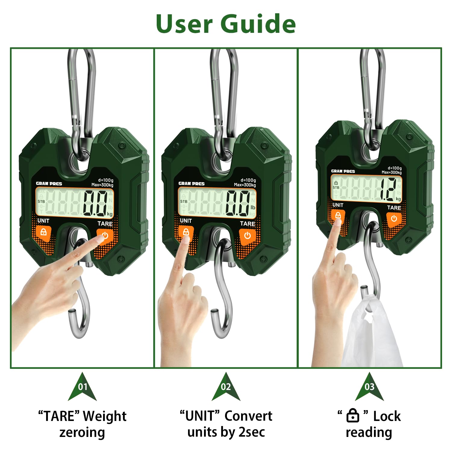 GRAM PRES Báscula colgante digital 300KG/660LB, báscula de grúa mini portátil, báscula para caza de ciervos, báscula digital de equipaje con gancho para granja, pescado, carne, caza, actividades al