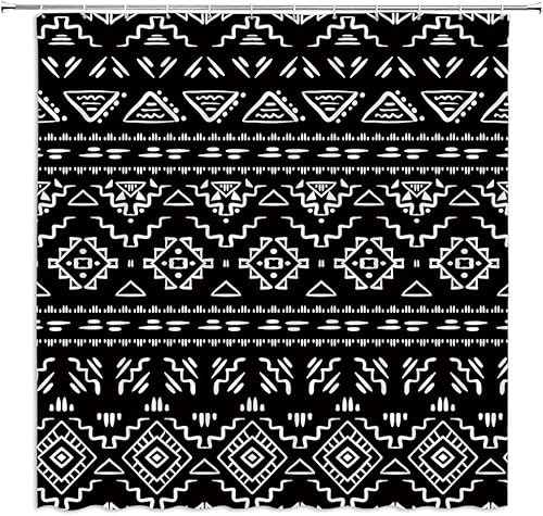 Miniatura 2 de Cortina de ducha bohemia negra y blanca geométrica, moderna, estilo tribal, retro, azteca occidental, abstracta, de mediados de siglo, arte de