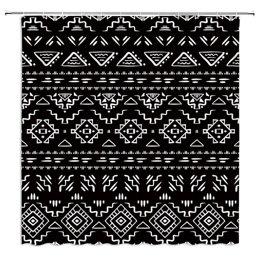 ABONAN Black White Boho Shower Curtain Black White Geometric Modern Farmhouse Tribal Retro Western Aztec Abstract Mid Century Art Fabric Bathroom
