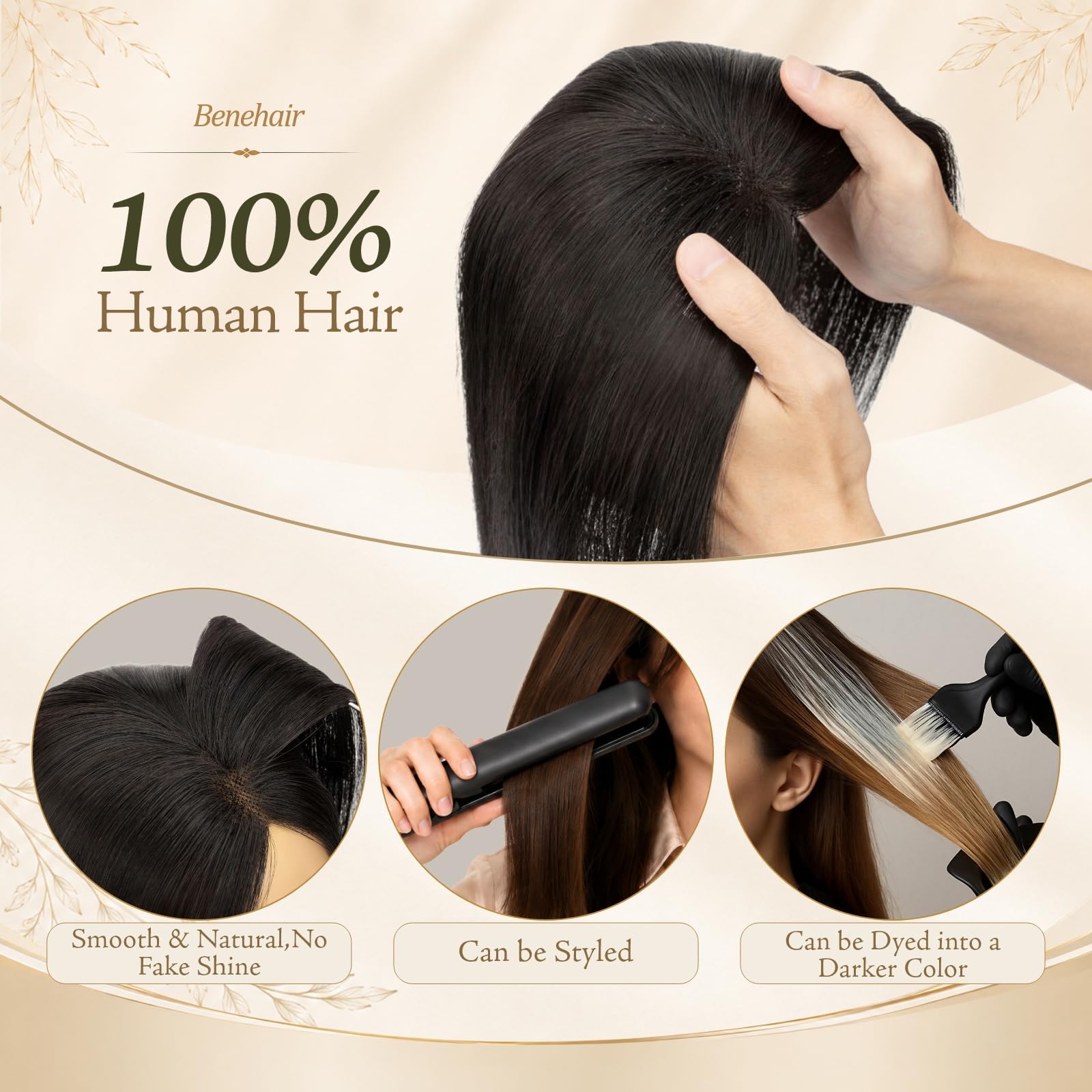 Benehair Haartopper Echthaar Oberkopf mit Curtain Bangs Clip-in-Pony Haar Toppers Echthaar für dünner werdendes Haarteil, Cover-Haarteil mit 270° 35cm #1B Natürliches Schwarz