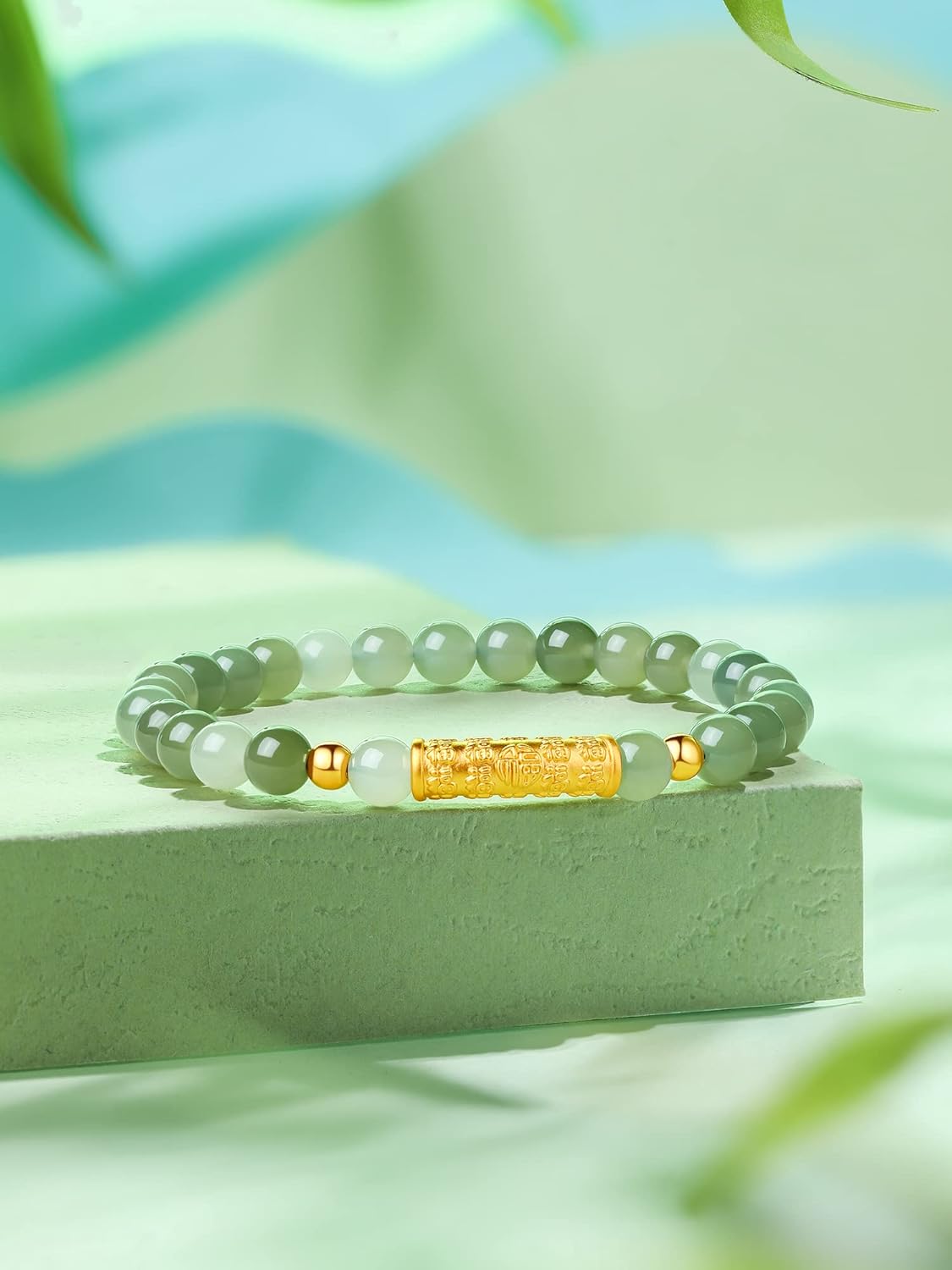 24K Gold Bracelet Jade Charm Bracelets Lucky Natural Beaded Bangle Adjustable Stretch Chain Green Healing Crystal Hetian Beads Bamboo Cuff Leaf Flower Feng Shui Good Luck Jewelry Protection Gifts - Image 3
