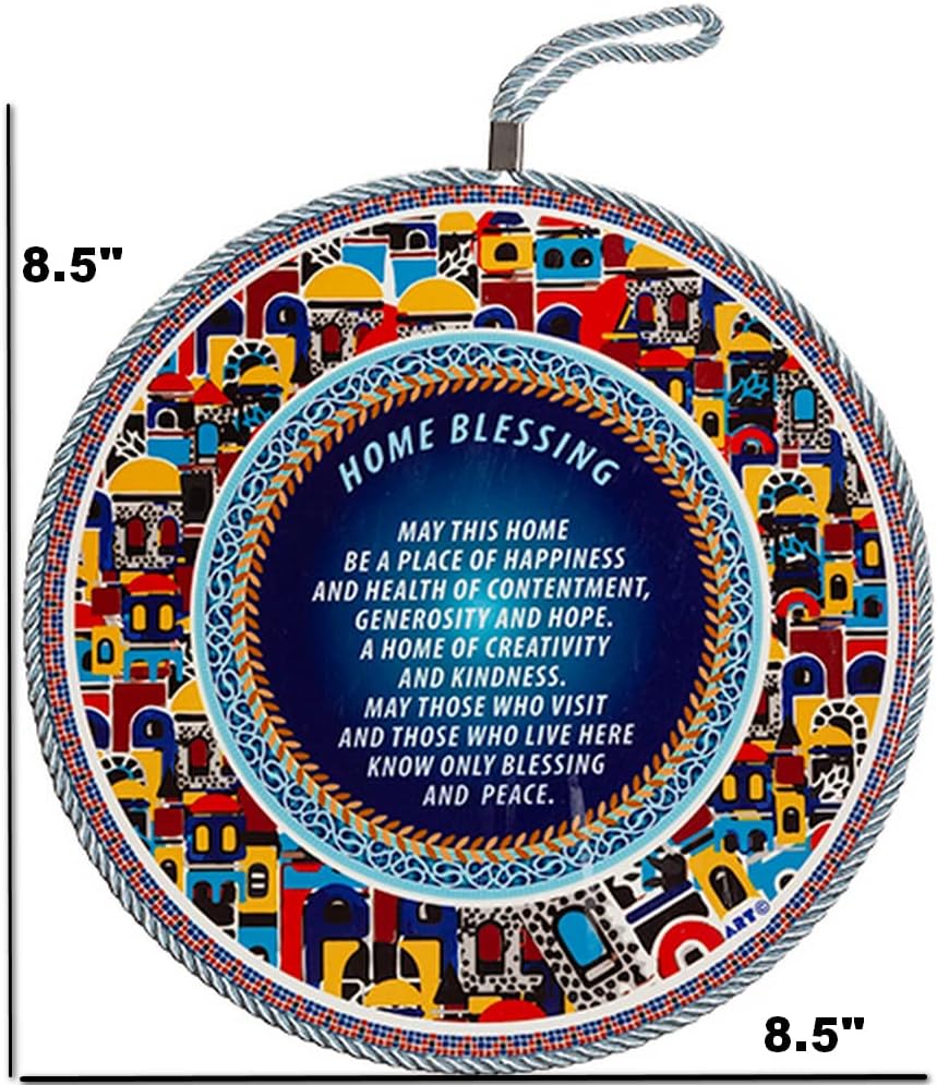 My Daily Styles White Ceramic Floral Design Round Wall Art Plaque Blessing for Home in English, 8.5"