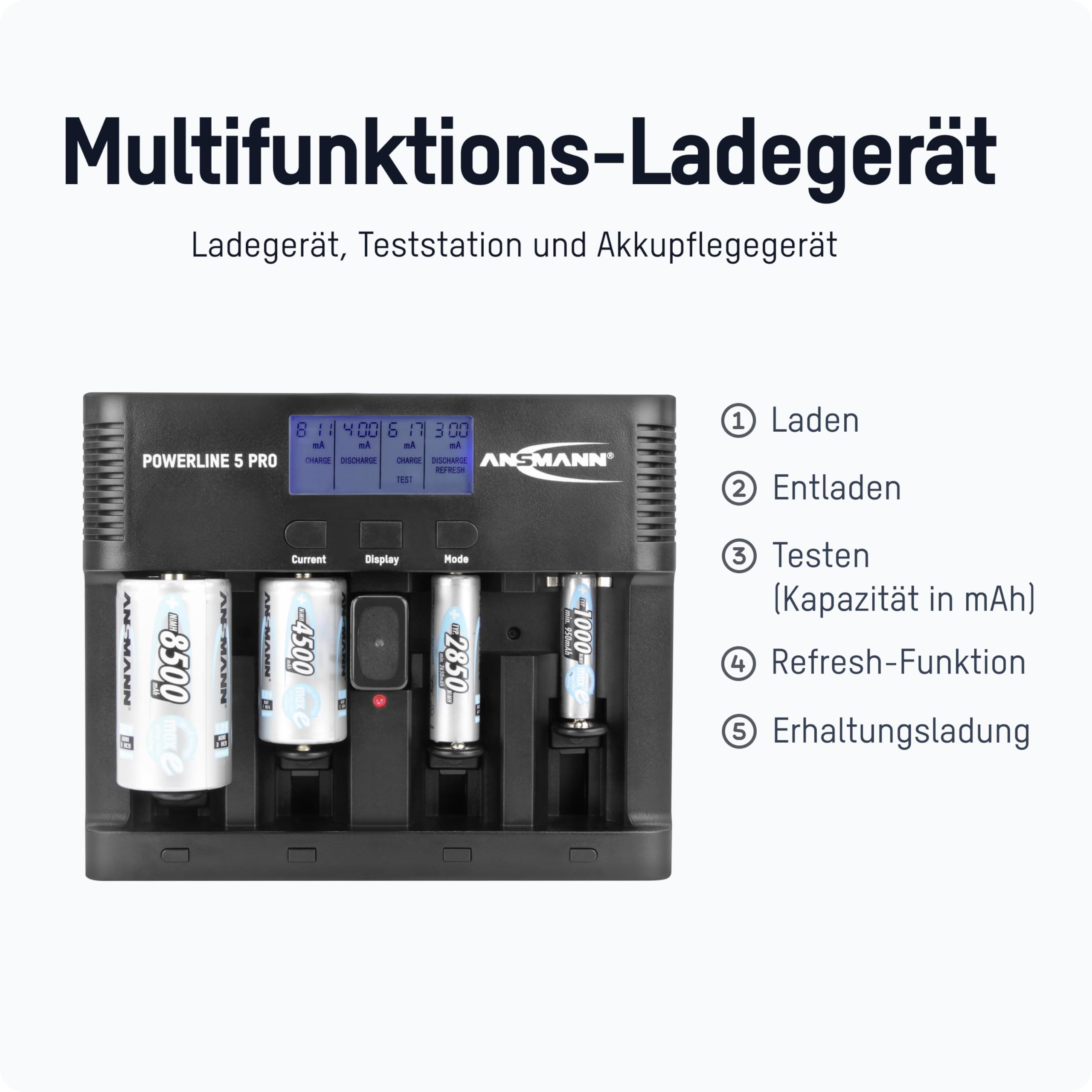 Ansmann Ladegerät für NiMH Akkus AA AAA C D & 9V Block - LCD Akkuladegerät | Auffrischfunktion, 12V Kfz-Adapter & Einzelschachtsteuerung Micro & Mignon