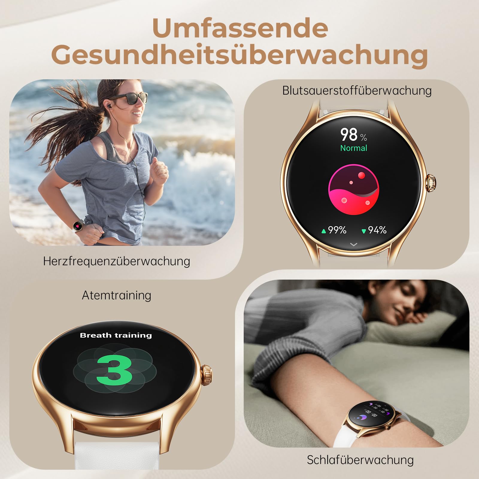 Smartwatch Damen mit 1,43" AMOLED Touchscreen, Fitnessuhr mit Schrittzähler 120+ Sportmodi IP68 Wasserdicht Puls/SpO2/Menstruationszyklus/Schlafmonitor für iOS und Android, Roségold Weiß