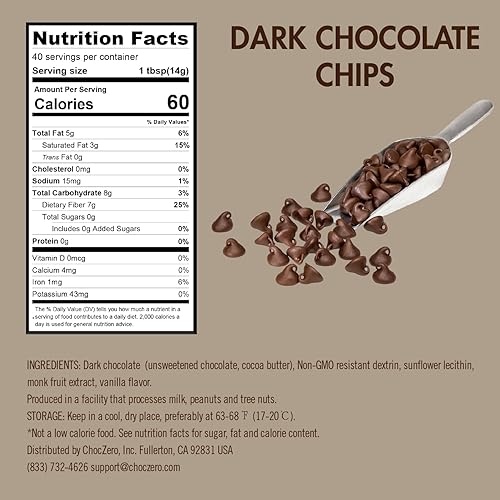Miniatura 2 de ChocZero Chips de chocolate oscuro, sin azúcar, bajos en carbohidratos, apto para dieta cetogénica, sin gluten, bolsa a granel de 20 onzas para