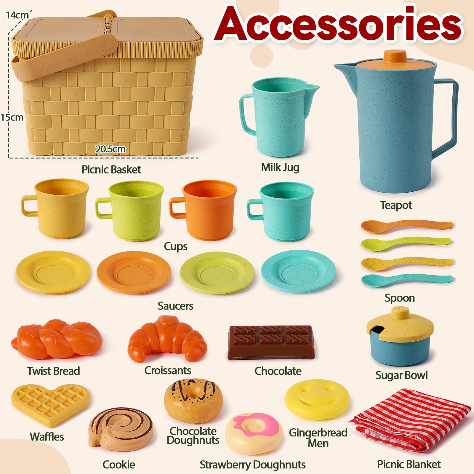 HERSITY Picknickkorb Kinder Teeservice Spielküche, Picknick Kinder Set mit Decke, Tee Set mit Dessert Spielzeug Outdoor, Geschenk für Jungen Mädchen 3 4 5 Jahre