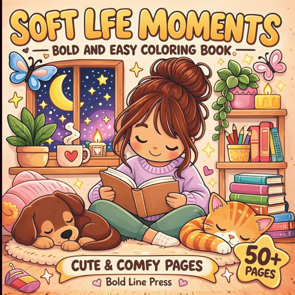 Soft Life Moments: A Cozy Girl Coloring Book Bold and Easy Simple Illustrations for Stress Relief and Relaxation, cute and comfy pages