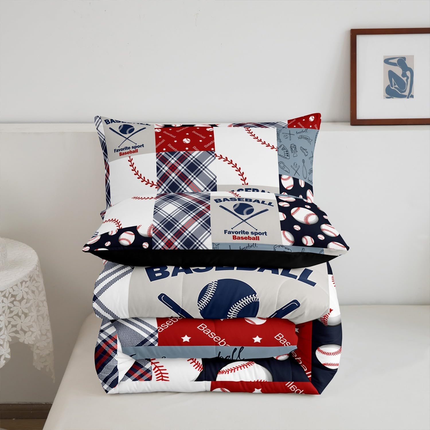 Erosebridal Baseball Print Quilt Twin Size Sports Games Bedding Set Ball Gaming Themed Comforter Set Patchwork Geometric Grid Bedding Comforter Sets Bedroom Decor,Blue Red White