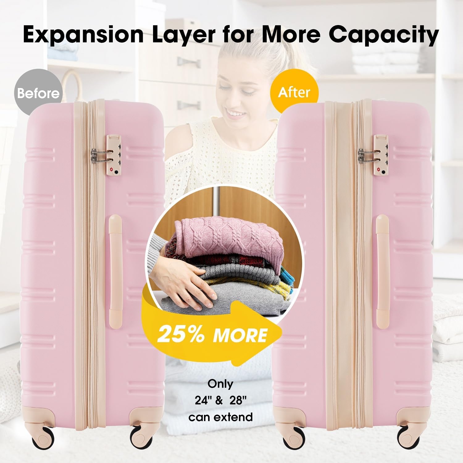 3 Piece Lightweight Hardshell Luggage Set with Spinner Wheels, Expandable Travel Suitcase with TSA Lock and Adjustable Telescoping Handle (Light Pink)