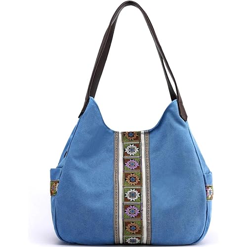 Worldlyda Women Canvas Hobo Purse Multi Pocket Tote Shopper Shoulder Bag Casual Top Handle handbag with Embroidery Ethnic
