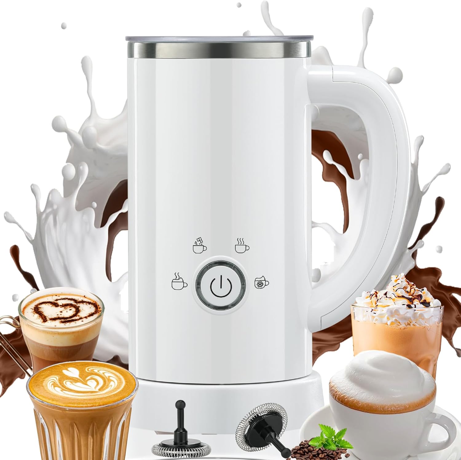 Milk Frother and Steamer, Electric 4-in-1 Hot and Cold Foam Maker, Automatic Milk Warmer with Two Whisks for Latte Cappuccino Hot Chocolate, 10.1oz/300ml, White