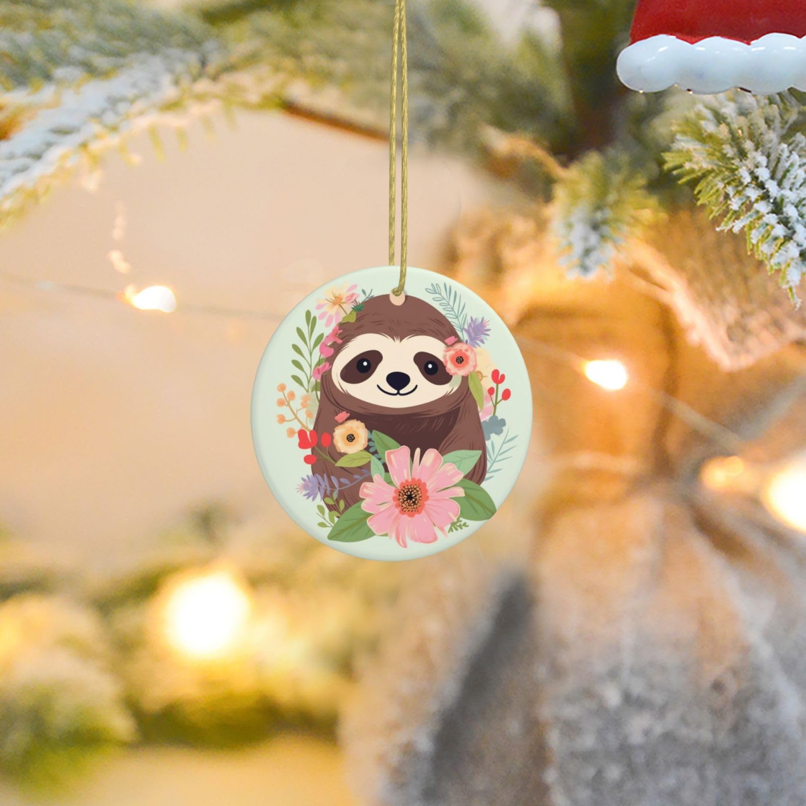 Christmas Ornaments for Christmas Tree Decoration Ceramic Hanging Sloth and Flowers Ornament with Gold Ribbon Crafts Round Pendant for Keepsake Gifts Glass Xmas Decor Party Supplies